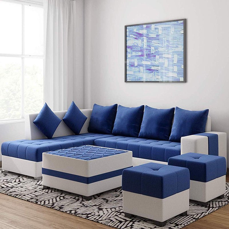 Torque India Steffan L Shape 8 Seater Fabric Sofa Set with Centre Table and 2 Puffy - TorqueIndia